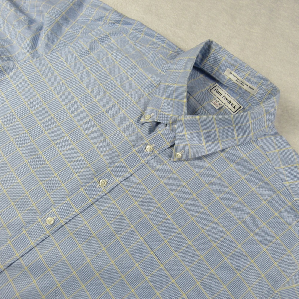 Paul Fredrick Dress Shirt Mens 18-34 Blue Yellow Exc Non-Iron Slim Fit Dobby